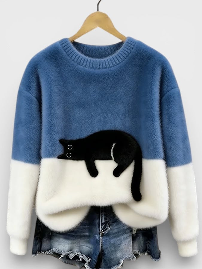 Blue and white two-tone sweatshirt with black cat graphic on the front