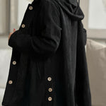 Black corduroy hooded jacket, button placket and hood detail