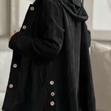 Black corduroy hooded jacket, button placket and hood detail