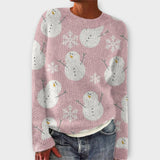 Simone cozy Christmas sweater in dusty pink knit, crew neck, snowman and snowflake pattern