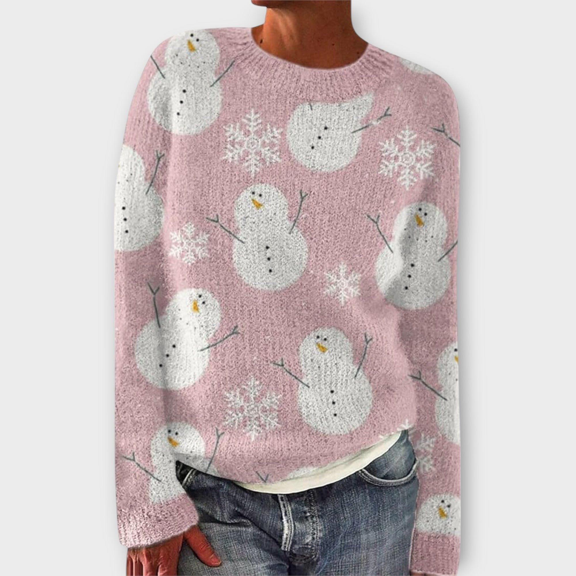 Simone cozy Christmas sweater in dusty pink knit, crew neck, snowman and snowflake pattern