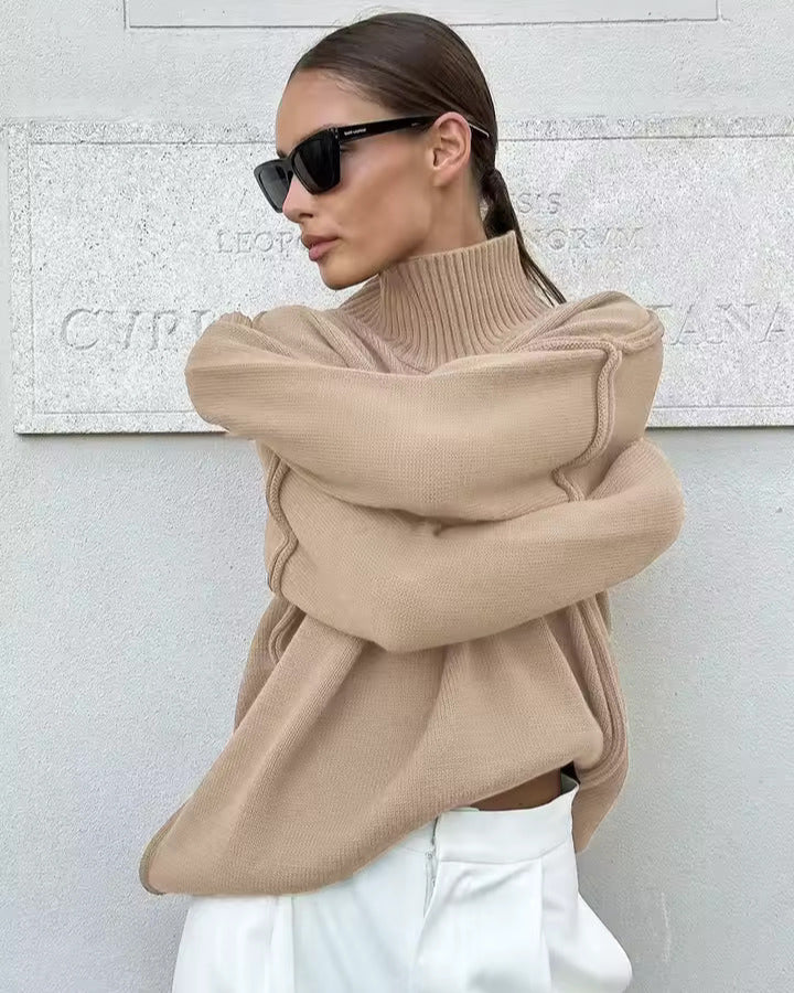 Camel knit turtleneck sweater with chunky ribbed collar and long sleeves