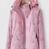 Light pink hooded jacket with front zipper and stand collar, leaf-patterned fabric
