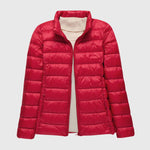 Ultralight puffer jacket with stand collar, red, full front zip