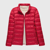 Ultralight puffer jacket with stand collar, red, full front zip