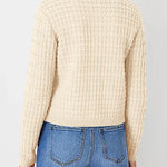 Cream knit cardigan back view with textured stitch pattern and ribbed waistband