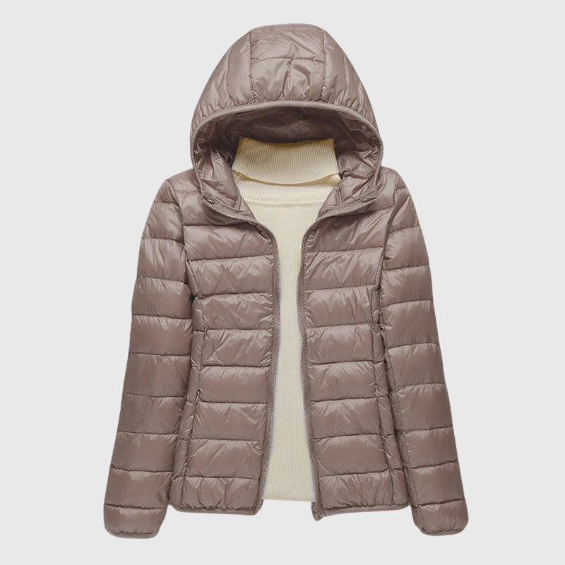 Ultralight quilted puffer jacket with hood, taupe-brown