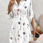 White floral shirt dress with collar and long sleeves