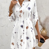 White floral shirt dress with collar and long sleeves