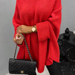 Women’s round-neck knit sweater, bright red, long sleeves, relaxed oversized fit