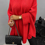 Women’s round-neck knit sweater, bright red, long sleeves, relaxed oversized fit