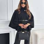 Black belt jacket with round button collar, cape sleeves, and cinched waist belt