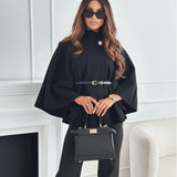Black belt jacket with round button collar, cape sleeves, and cinched waist belt