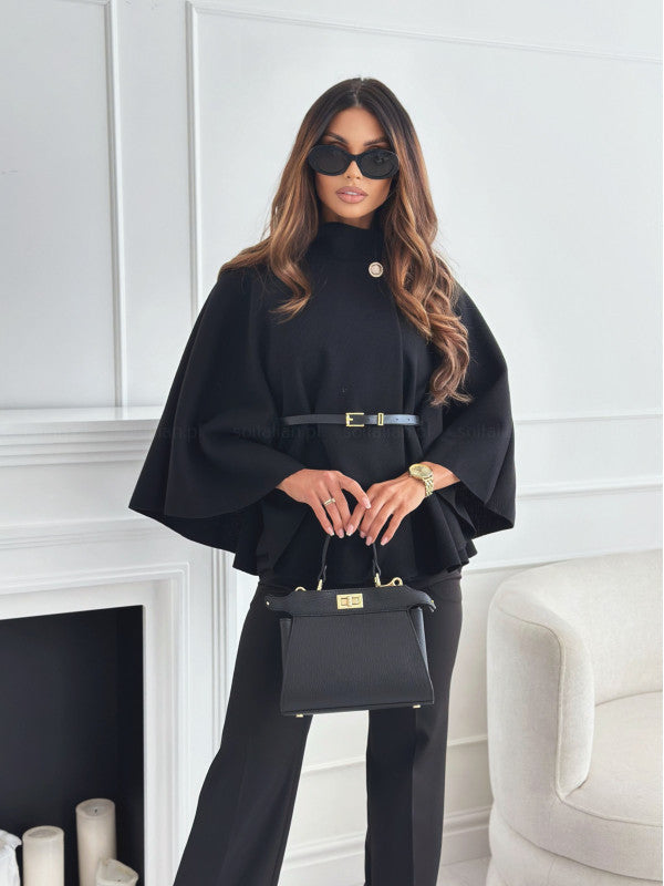 Black belt jacket with round button collar, cape sleeves, and cinched waist belt