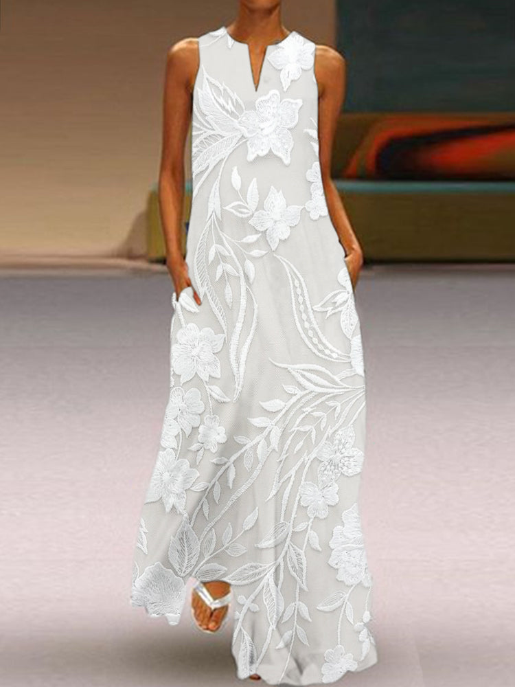 Meliora™ printed maxi dress, sleeveless with white floral pattern and round neckline