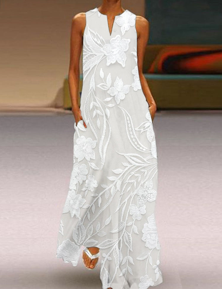 Meliora™ printed maxi dress, sleeveless with white floral pattern and round neckline