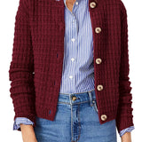 Womens knit cardigan with button front, burgundy textured knit and long sleeves