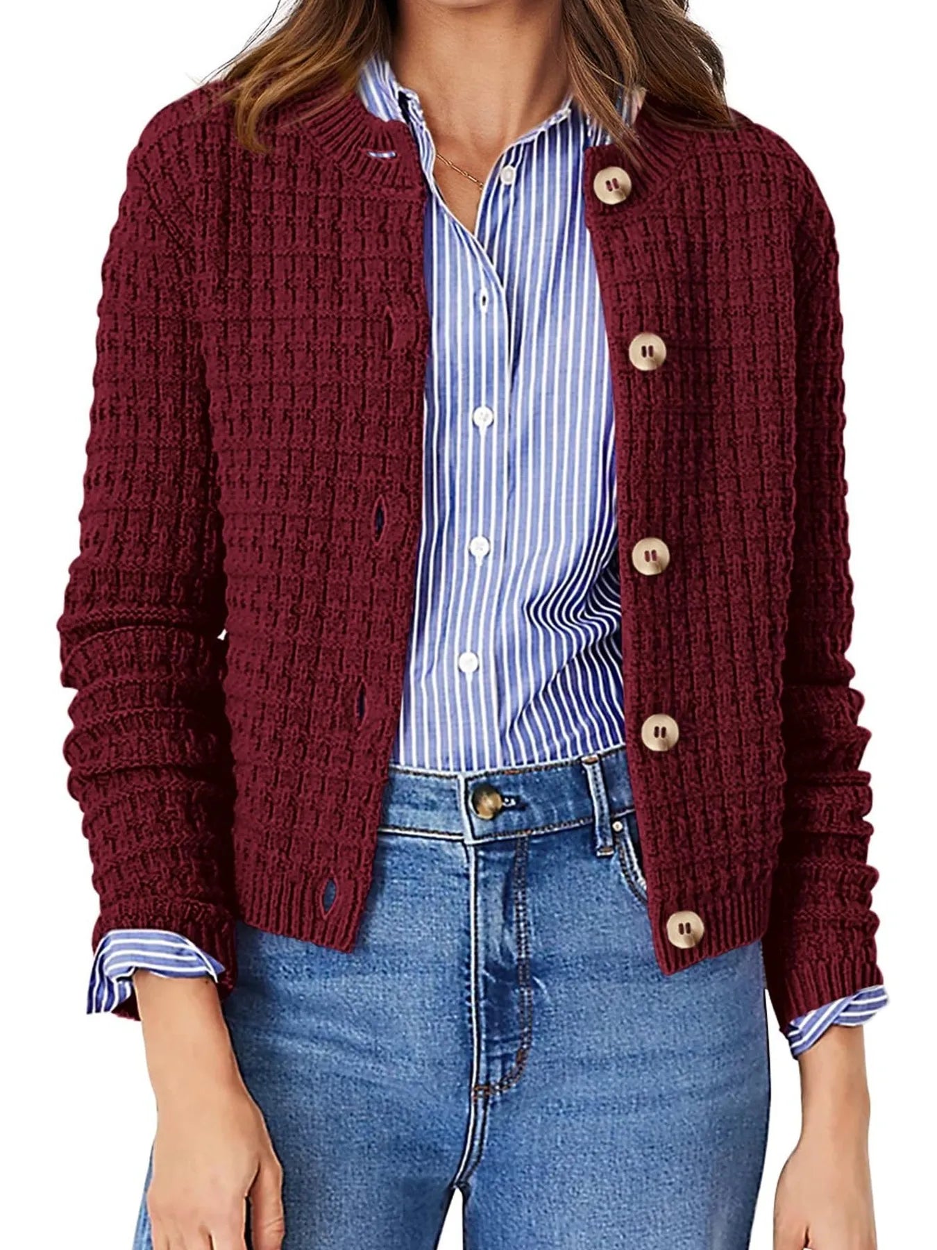 Womens knit cardigan with button front, burgundy textured knit and long sleeves