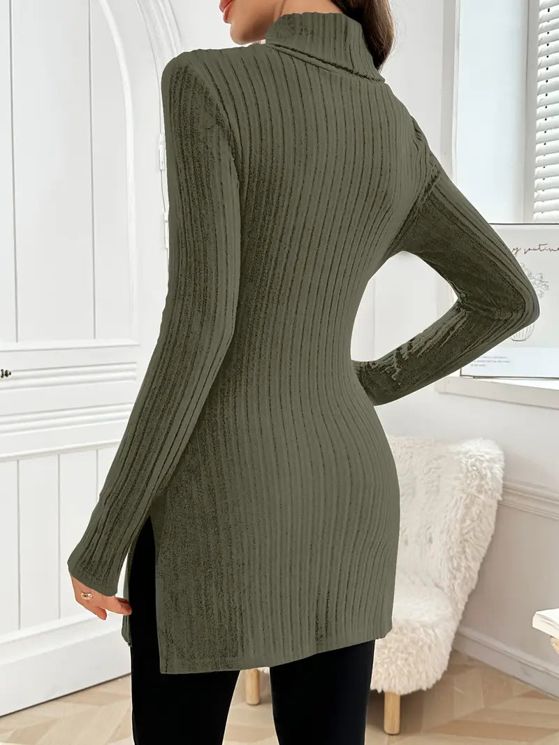 Ribbed knit turtleneck sweater, long sleeves, slim fit, olive green