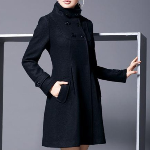 Black long hooded coat with button front and flap chest detail