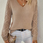 Light beige long-sleeve V-neck knit sweater with lace-textured sleeves