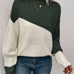 Dark green and white color-block pullover sweater with long sleeves and crew neck