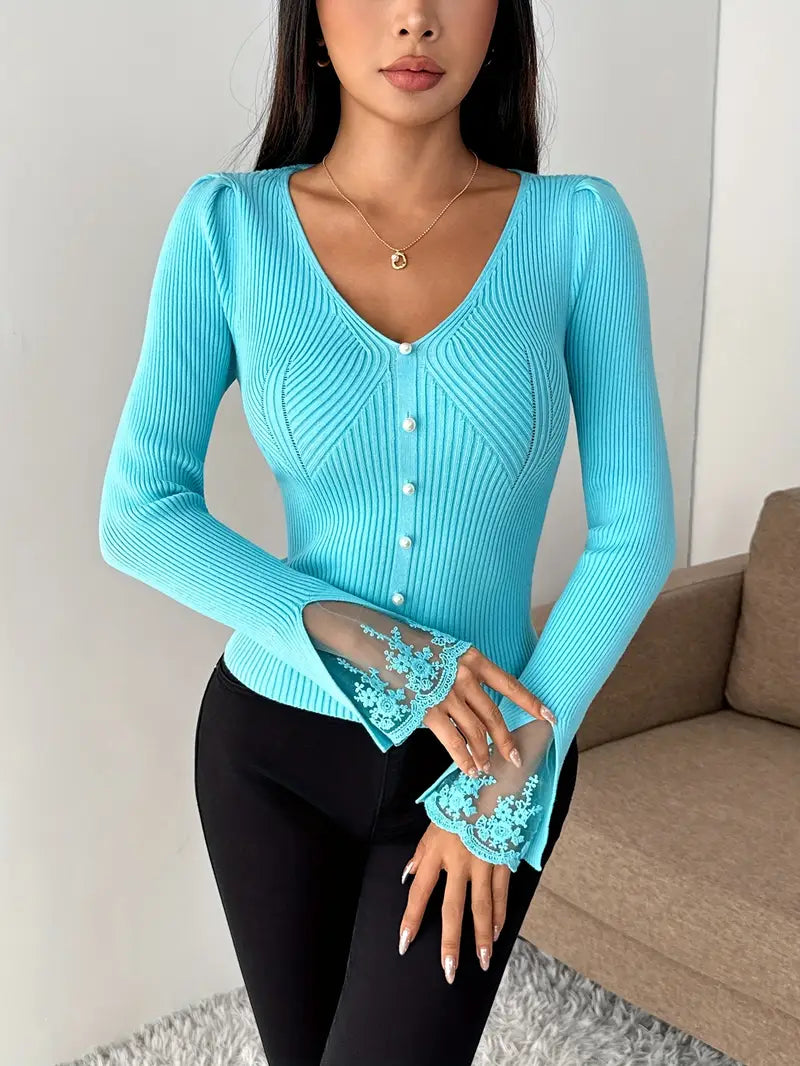 Turquoise ribbed V-neck button top with lace-trim cuffs