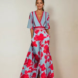 Light blue maxi dress, red floral print, V-neck, red waist trim, short sleeves