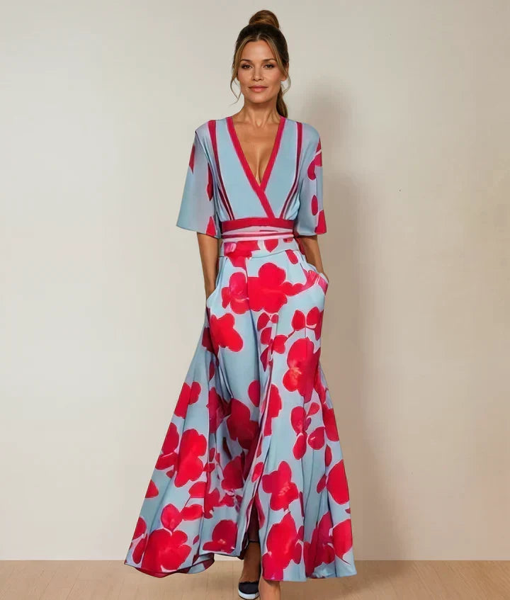 Light blue maxi dress, red floral print, V-neck, red waist trim, short sleeves