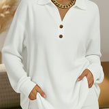 White long-sleeve henley pullover with button placket and collar