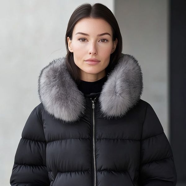 Black puffer jacket with gray faux fur collar and front zipper, worn by model