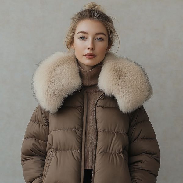 Brown puffer jacket with cream faux fur collar and front zipper, worn by model