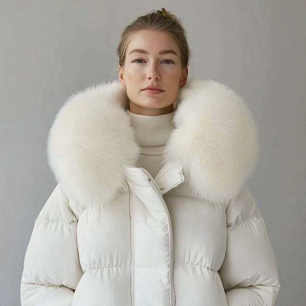 White puffer jacket with white faux fur collar and front zipper, worn by model