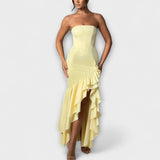 Zuri - Maxikleid mit schulterfreien Trägern und asymmetrischem Saum