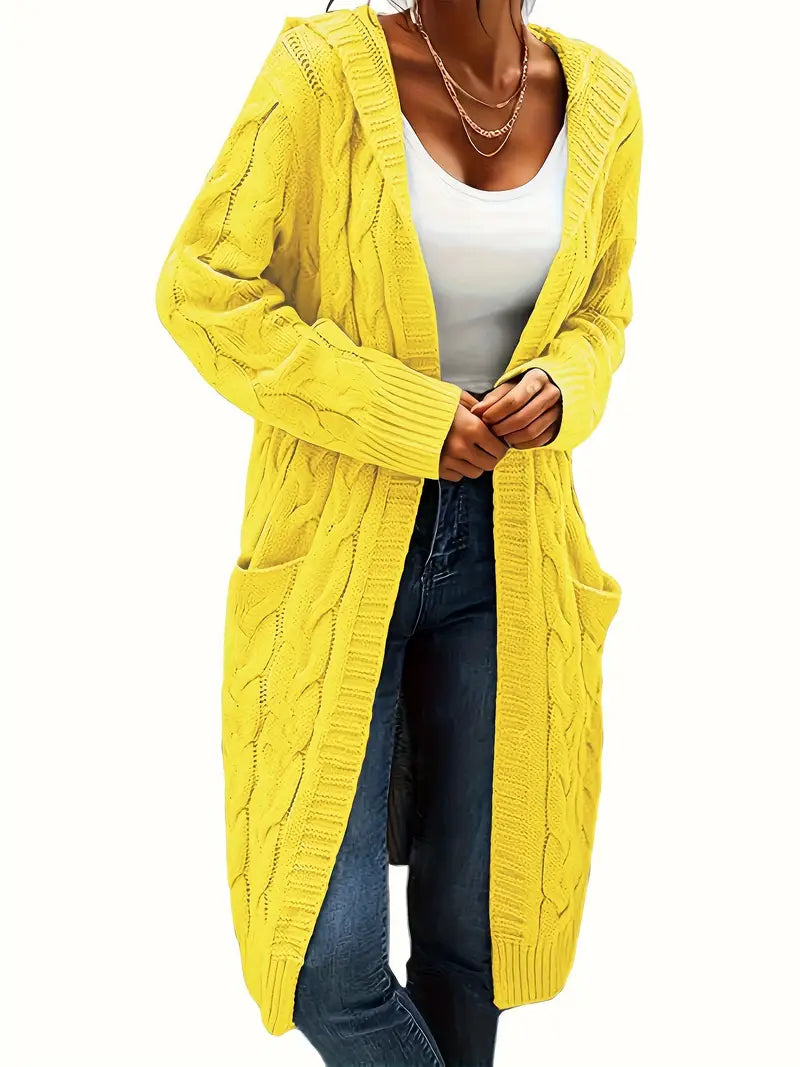 Women’s longline cable knit cardigan in yellow, open front with shawl collar