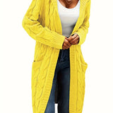 Women’s longline cable knit cardigan in yellow, open front with shawl collar