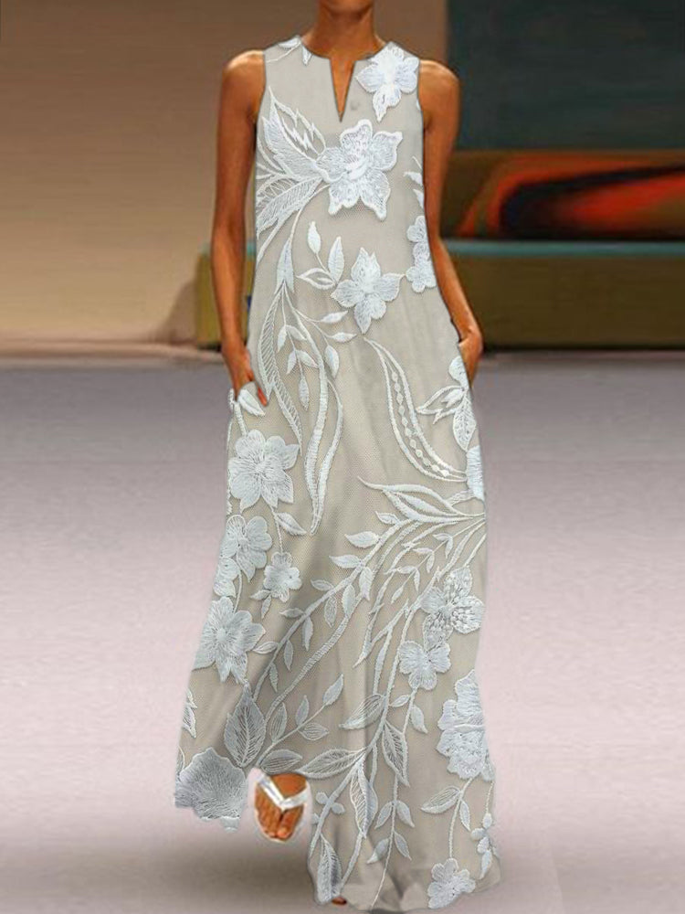 Meliora™ printed maxi dress, sleeveless with khaki base and white floral pattern