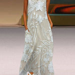 Meliora™ printed maxi dress, sleeveless with khaki base and white floral pattern