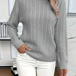 Relaxed cable-knit pullover, heather gray crew neck, long sleeves