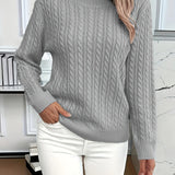Relaxed cable-knit pullover, heather gray crew neck, long sleeves