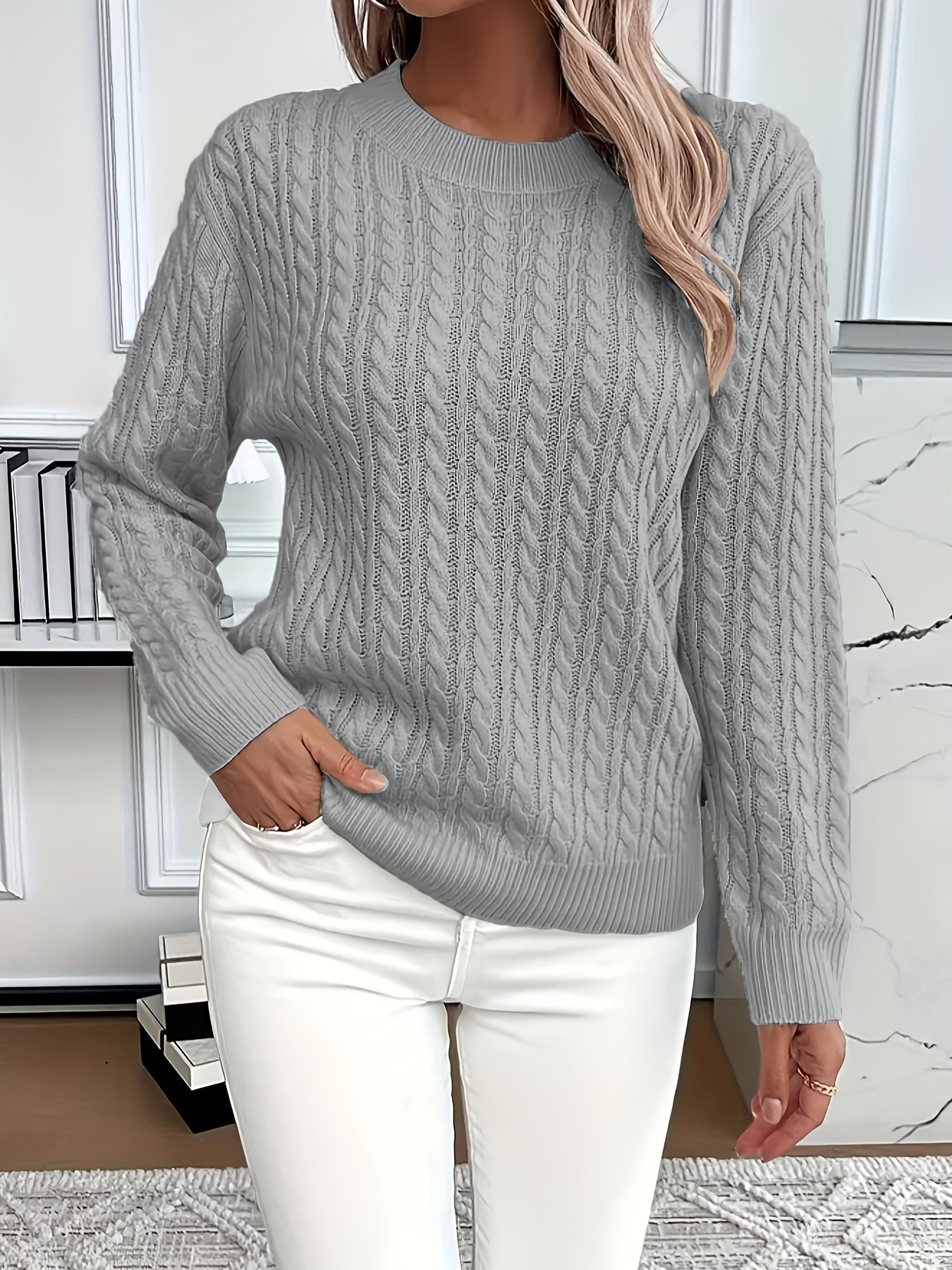 Relaxed cable-knit pullover, heather gray crew neck, long sleeves