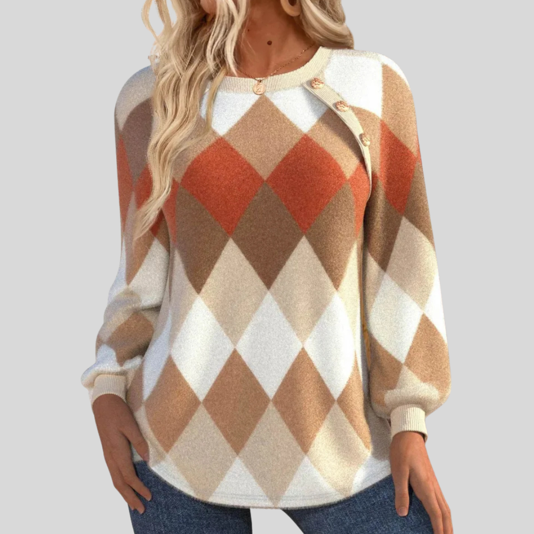 Argyle knit sweater with button detail, cream and rust diamond pattern, long sleeves