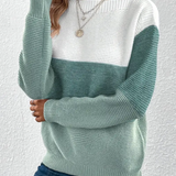 Two-tone long-sleeve sweater with crew neck, white yoke and green striped knit