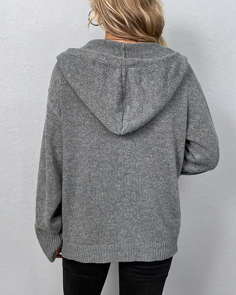 Gray hooded knit cardigan, back view with full hood and ribbed hem