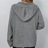 Gray hooded knit cardigan, back view with full hood and ribbed hem