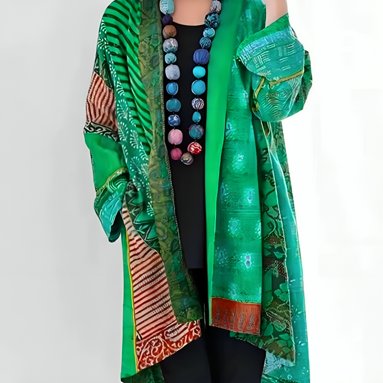 Multicolor knit cardigan with open front and long sleeves, bright green and teal patchwork