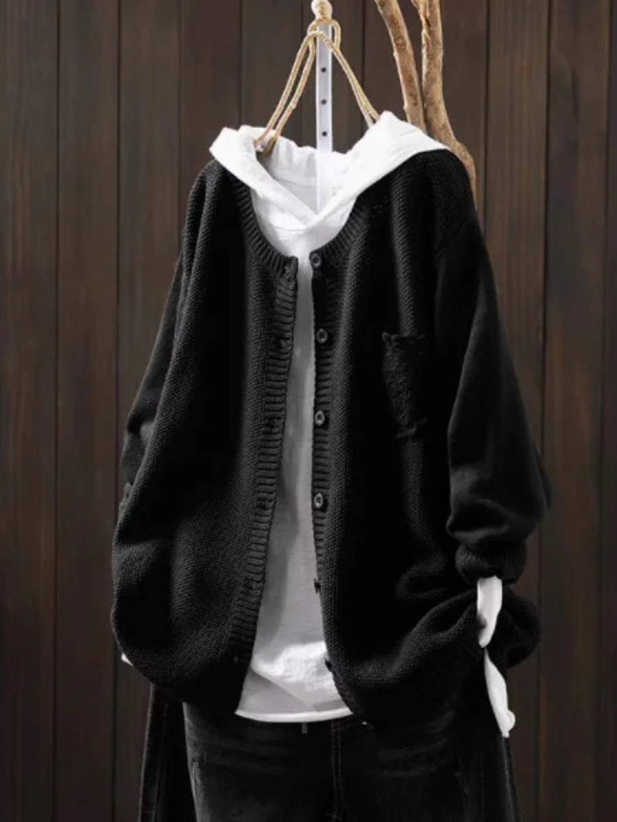 Der Ansley cozy cardigan, black textured knit, button front, cowl hood, patch chest pocket