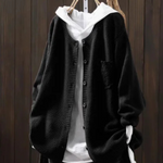 Der Ansley cozy cardigan, black textured knit, button front, cowl hood, patch chest pocket
