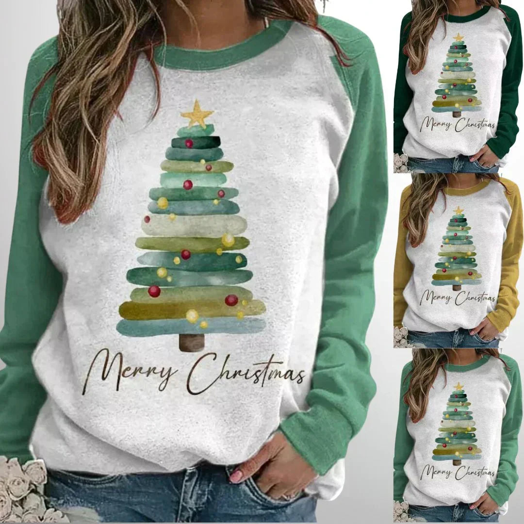 Women's festive pullover with raglan sleeves, crew neck, white front with Christmas tree graphic
