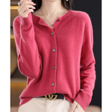 Fuchsia button-front knit pullover with long sleeves and crew neck